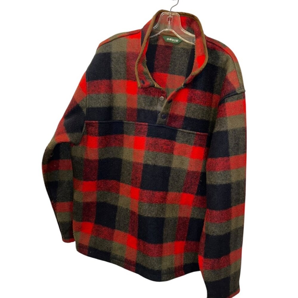 Plaid red green Holiday Fall super soft quarter button jacket shacket XL ORVIS